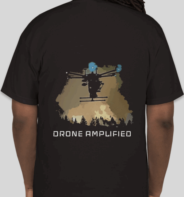 T-Shirt with drone and fire in background, and with D.A. wordmark